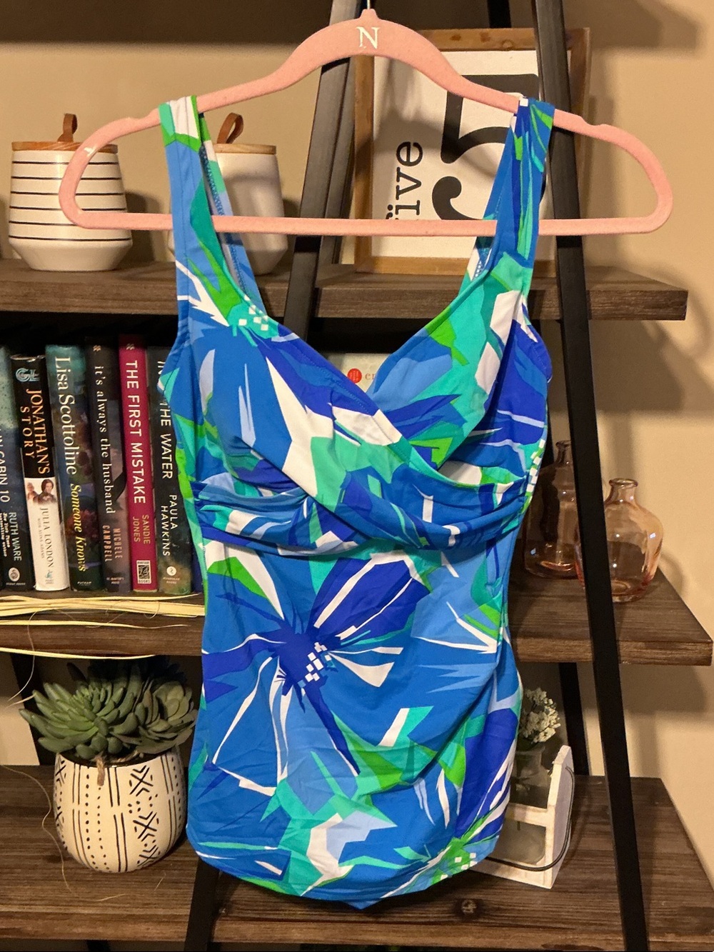 Penbrooke Floral Blue & Green One-Piece Swimsuit Size 10